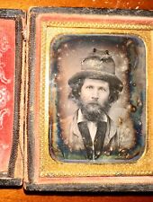 Unusual Daguerreotype Bearded Man Wearing Worn Patched Hat 1850s picture