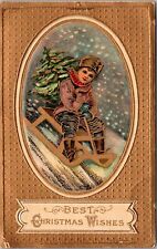 Vintage 1910s Christmas Postcard Cute Child on Sled Xmas Tree Gold Bells JB11 picture