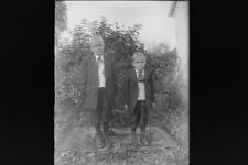 Antique 4x5 Inch Plate Glass Negative Portrait Two Brothers Standing Ourdoors E1 picture