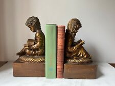 Vintage Pair of bookends Boy and Girl book read Bronze color 10