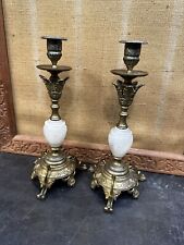 Pair of French New Rococo Ormelu Candlestick Holders Bronze & Alabaster 19th Cen picture