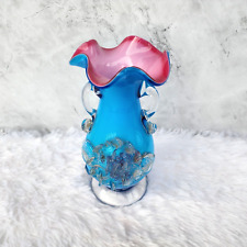 Vintage Floral Blue Pink Glass Pontil Mark Flower Vase Collectible 7.2