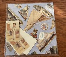 VINTAGE Victorian Nautical Ships Gift Wrap Wrapping Paper w/2 Greeting Cards picture