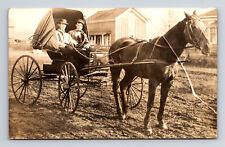 RPPC Two Young Men in Horse Drawn Buggy Carriage on Dirt Road Farms Postcard picture