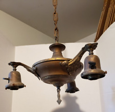 Antique Chandelier Vtg Light Fixture Brass Pan 3 Arm Needs Restored picture
