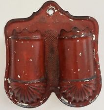 Vintage RED Match Holder Wall Pocket Punched Tin Metal Victorian Primitive picture