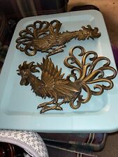 Vintage Distressed Brass Tone Mid Century Fighting Roosters Rustic Wall Art  picture