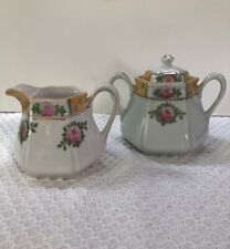 Vintage Nippon Hand Painted Double Handle Sugar Bowl And Creamer, Floral Rose  picture