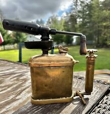 Antique Early Plumbers blow torch Brass Unmarked Vintage Untested Wood Handle picture