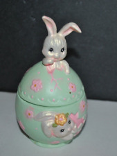 VTG Handcrafted Pottery Art 3D Trinket Box Easter Bunny Egg shape Signed LA 1980 picture