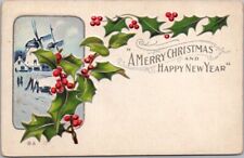 Vintage MERRY CHRISTMAS Embossed Postcard / Windmill Scene / Holly - 1910 Cancel picture
