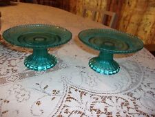Pair of Turquoise Glass Pedestal Candle Holders picture