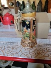 large vintage hand painted Music box pottery porcelain pewter lidded beer stein  picture