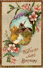 Postcard Illustrated Antique Birthday Wishes Gold Embossed House Mill c1910 picture