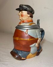antique German hand painted pewter mounted lidded man pottery figural stein picture