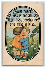 c1910's Valentine Sweet Couple Kissing Flowers And Trees Antique Postcard picture