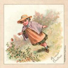 1880s-90s A Merry Christmas Young Girl Dressed with Hat Flowers Trade Card picture