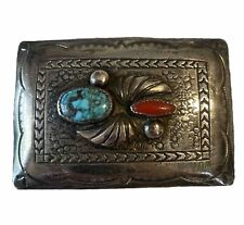 VTG Signed Richard Henry Yazzie Navajo Sterling Belt Buckle w/Turquoise & Coral picture