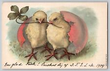 Easter Postcard Two Hatched Chicks Pink Egg Four Leaf Clover Vtg Antique 1900s picture