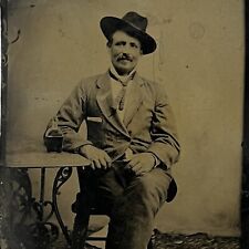 Antique Tintype Photograph Charming Handsome Man Cowboy Hat Mustache Whiskey picture