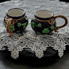 2 Irish Shamrocks Clover St. Patrick's Day Black Ceramic Mug Gold Handle & Trim picture