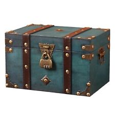 Vintage Wooden Treasure Chest Box with Lock Small Rectangle Antique Wood Green picture