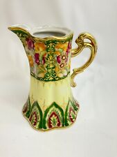 Antique Chocolate Pot Japanese Moriage Green Gold No Lid 7.25” Floral Pitcher picture