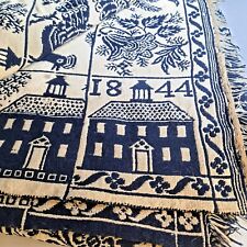 Antique Jacquard Wool Blue Coverlet Signed Dated 1844 Center Seam *Read * picture