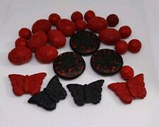 Chinese Vintage Cinnabar Red Black Carved Butterfly Flowers Beads Lot picture