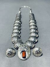 FINE NAVAJO CHUNKY CORAL STERLING SILVER FLAT BEAD NECKLACE picture