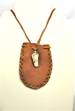 Native American Brown Deerskin Leather Pouch, Yellow Cobra Crystal Pendant, #641 picture