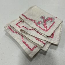 Vintage Embroidered Set Of 4 Cloth Dinner Napkins 8.75”x 8.75” Child Ivory Pink picture