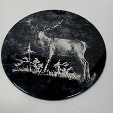 Black Round Marble Hot Plate Trivet Etched Stag Deer picture