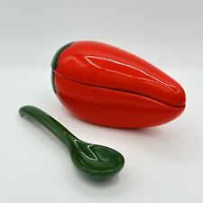 Ceramic Red And Green Pepper Salsa Bowl With A Spoon And Lid 6-1/2” X 3 “ picture