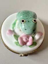 Vintage Hand Painted Frog On A Lilly Pad. Pink Roses Porcelain Trinket Box picture