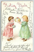 Jenny Nystrom Easter~Little Girls Hold Fancy Decorated Panorama Eggs~1908 PC picture