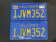 CALIFORNIA PAIR OF LICENSE PLATES BLUE 1JVM532 MARCH 1991 JVM 532 PLATE TAGS picture