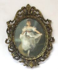 VINTAGE ITALIAN ITALY BRASS ORNATE MINIATURE OVAL PICTURE FRAME VICTORIAN GIRL picture
