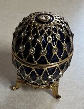 Vintage Blue Russian Style Enamel Collector Egg Trinket Box Golden Mesh picture