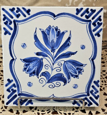 Delft Blue Dutch Flower Tile Three Tulip Hand Painted Signed & Numbered (read) picture