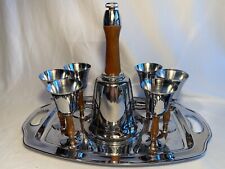 Vtg Chrome & Wood Metal Bell Shaped Cocktail Shaker w/ 6 goblets and tray MCM picture