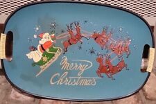 VINTAGE MCM Merry Christmas Tray Santa/sleigh 8 reindeer Christmas Flight. 18x12 picture