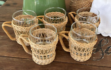 Set Of 5 Vintage Drinking Glasses in Wicker Woven Rattan Holders w/ Handles #2 picture