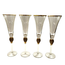 Set of 4 Elegant Tall Champagne Flutes with Gold Trim and Crystals picture