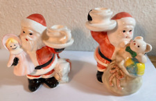 Vintage Pair of Fitz and Floyd Santa Toy bag 2 Christmas Candle holders picture
