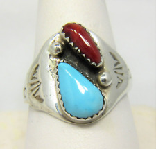 Native American Coral Ring Size 1 1 Navajo Signed ML Turquoise Sterling  #54 picture