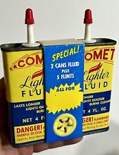 N.O.S. 2 COMET LIGHTER FLUID EMPTY 4 Oz TIN CAN + 5 FLINTS DISPLAY SIGN DUOPACK picture