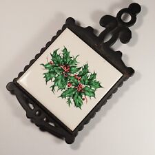 Vintage Christmas Holiday Holly Berry Ceramic Tile Cast Iron Trivet - Japan T II picture