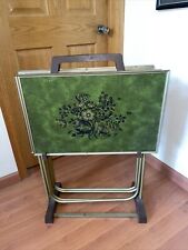 Vintage Lavada TV Trays Set of 4 With Stand Floral Design Avocado Green Nice 24” picture