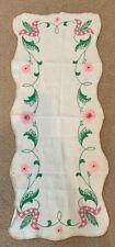 Vintage Hand Embroidery Linen Runner Table Scarf Pink Magenta Floral picture